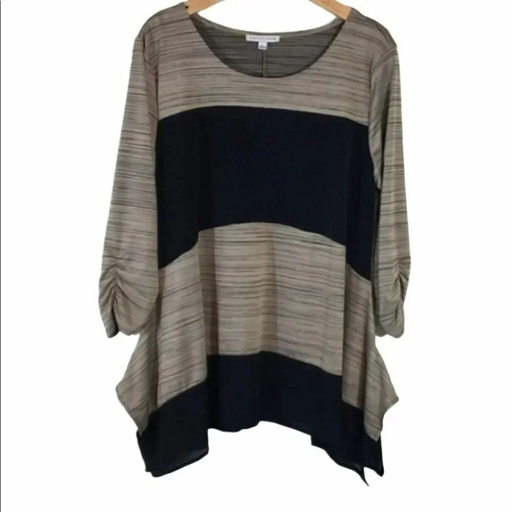 Notations Tunic Top Large Gray Black Striped Colorblock Ruched 3/4 Sleeve‎ Boho